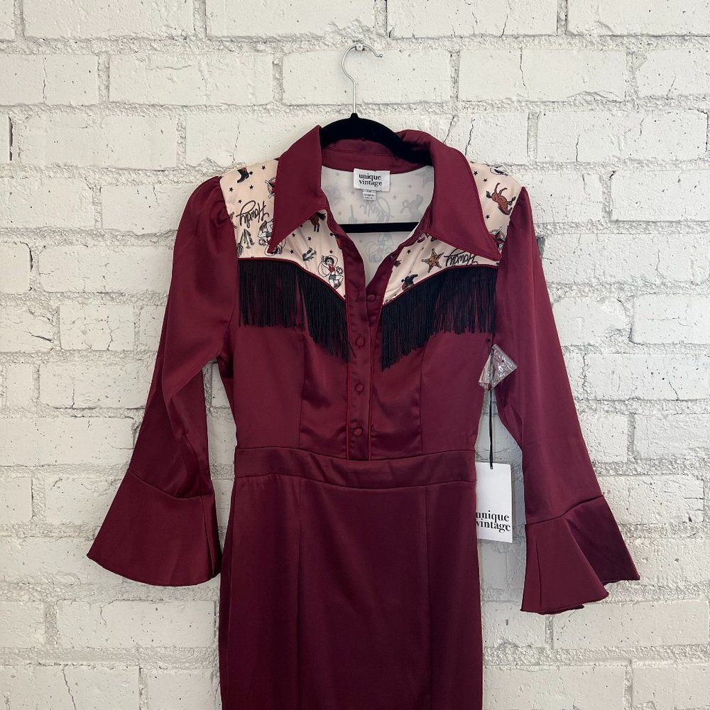NWT Unique Vintage Western Yoke Fringe Burgundy Satin Wiggle Dress